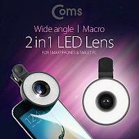 Coms 스마트폰 카메라 확대경 (Macro/Wide) LED 램프라이트 셀카 렌즈, Black