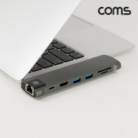 Coms USB C Type 맥북 멀티 허브, 듀얼 인터페이스 USB 3.0 3포트 HDMI 4K 30Hz GIgabit LAN 이더넷 RJ45 SD TF MicroSD 카드리더기 젠더