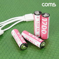 Coms USB Type C 충전지 동시충전 4in1 케이블 충전식 건전지 리튬이온 배터리 C타입 1.5V 1700mAh Li-ion AA 4개입